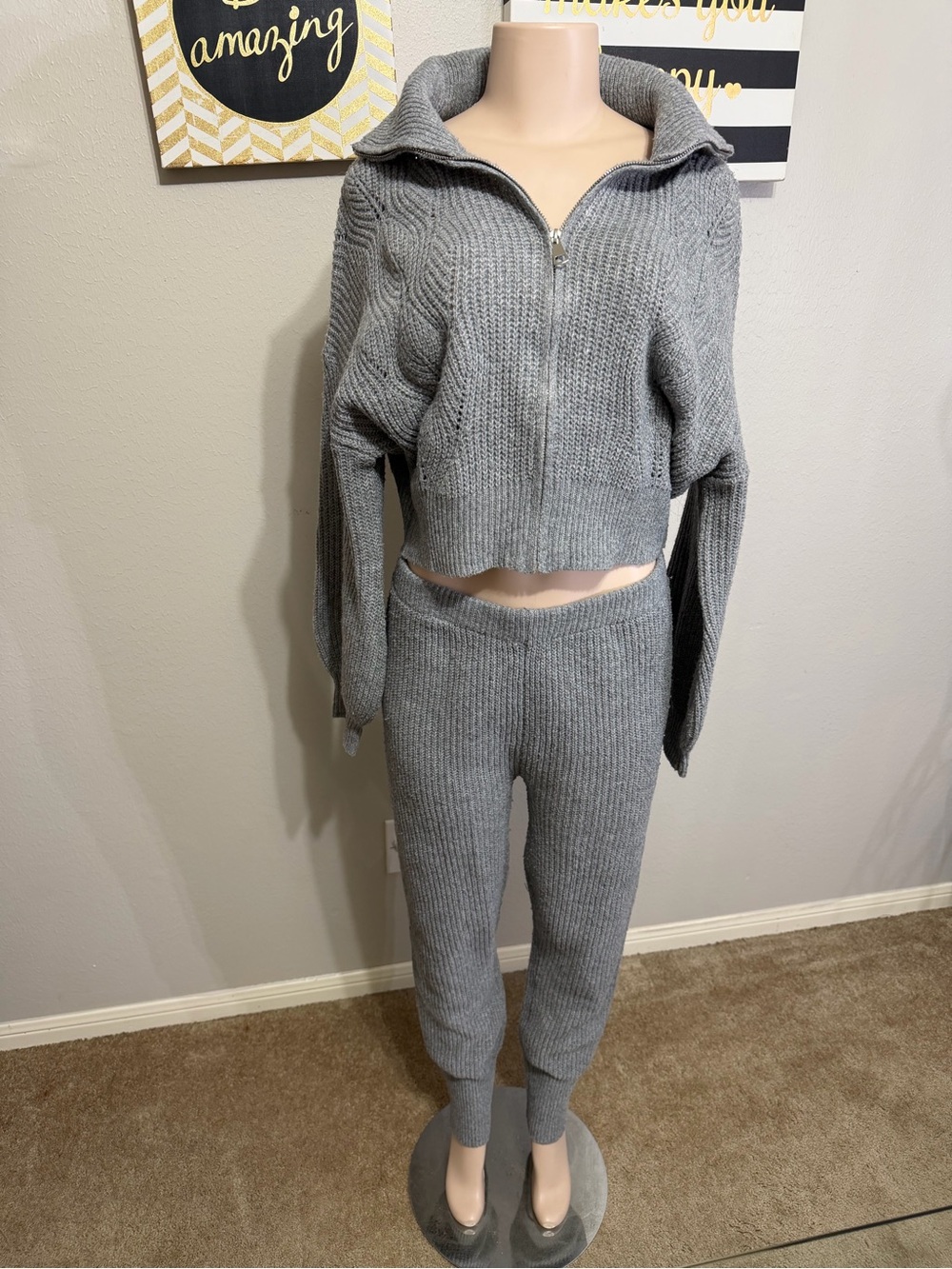Fashion Nova Gray Ribbed Knit Pullover Set